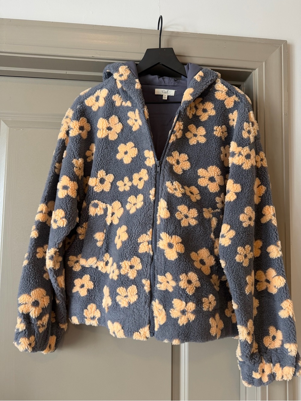 Teddy Zip-Up Hooded Jacket in Gray with Cream Floral Print